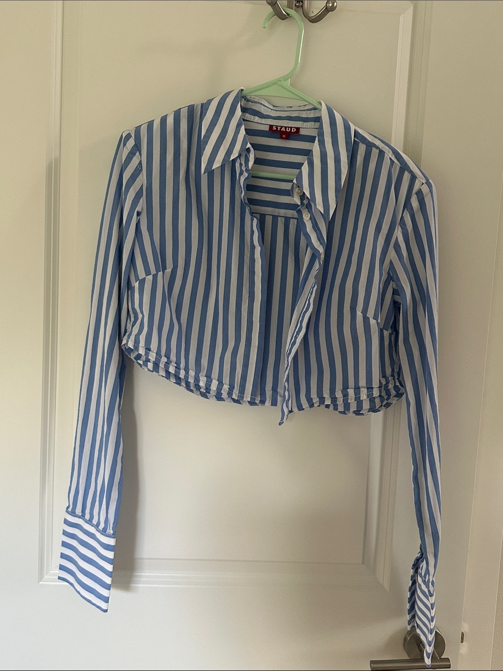 STAUD Blue and White Vertical Stripe Cropped Button-Down Shirt